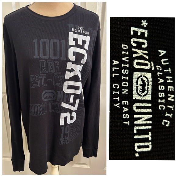 VINTAGE Ecko UNLTD Rhino Tops - Vintage UNISEX Ecko UNLTD Rhino Crew 72, Long Sleeve Waffle Black Shirt, Size L